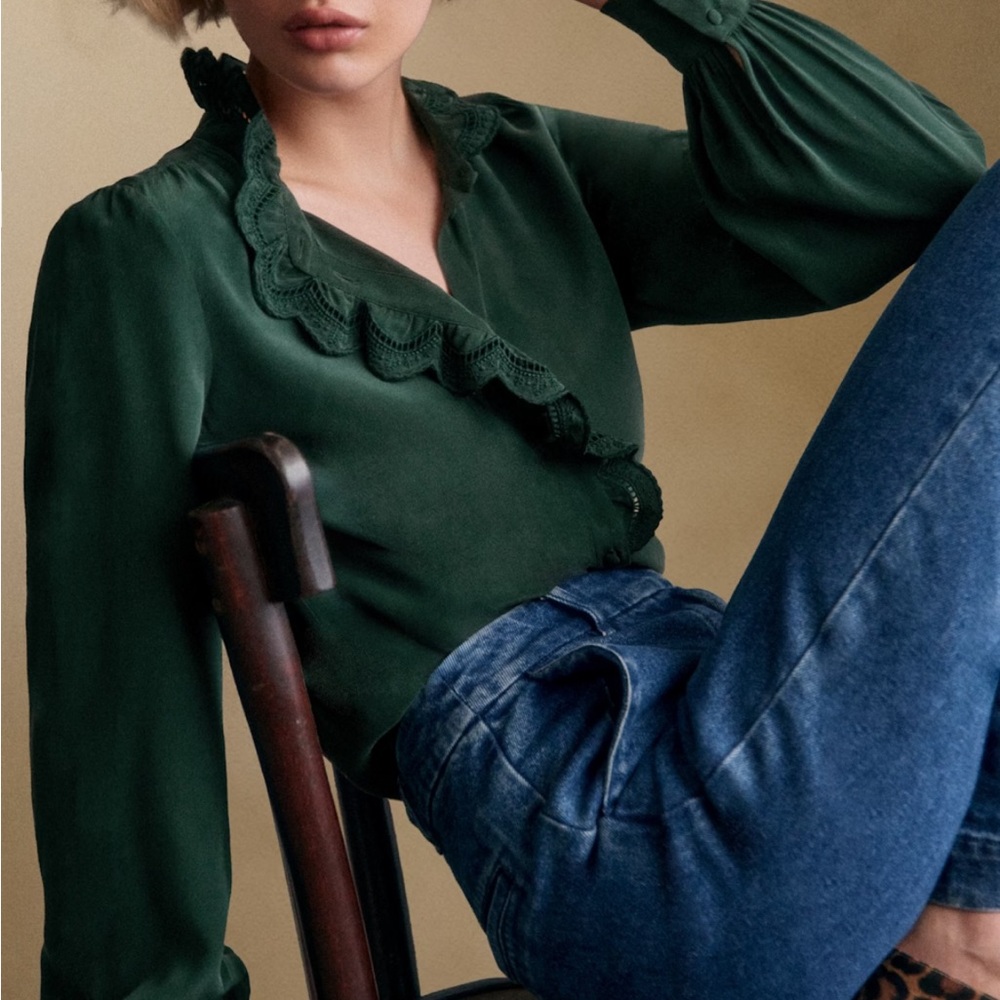 Sézane Chlo shirt in emerald green, size 38